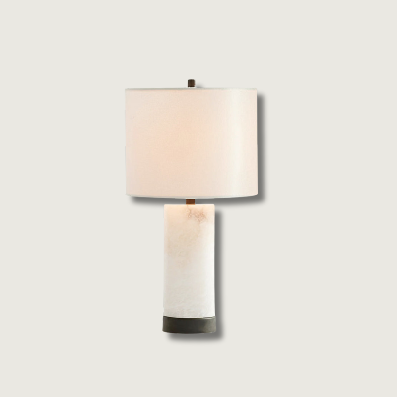 Alabaster Table Lamp White Marble Base with Linen Shade - Product showcase