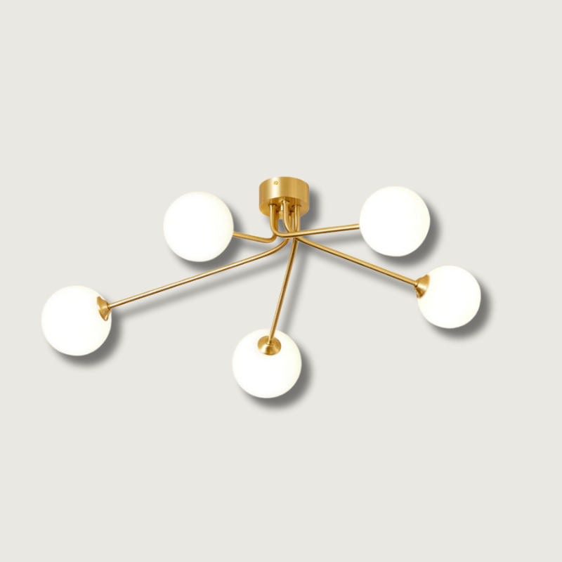 Modern Molecular Ceiling Light Brass Arms White Glass Globes - Product showcase