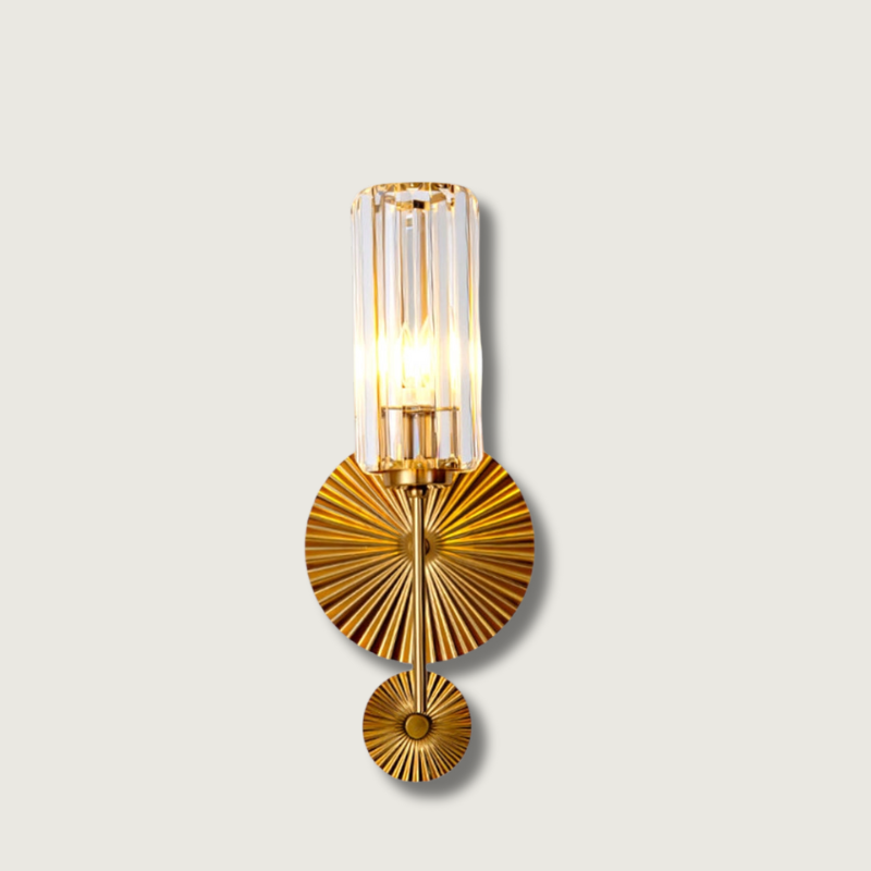 Art Deco Wall Sconce Crystal Glass Cylinder With Brass Sunburst - Product showcase
