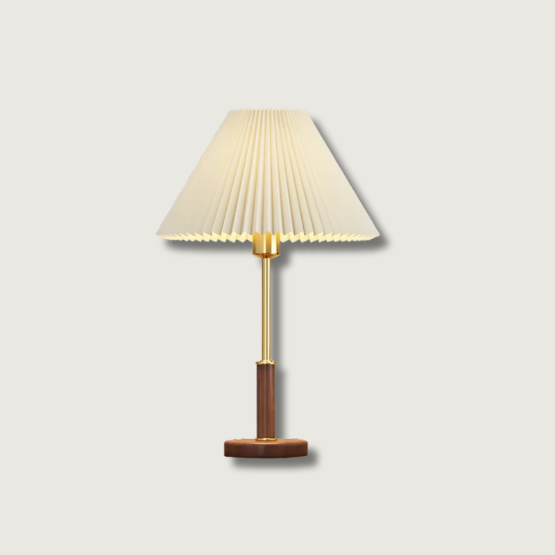 Mid-Century Table Lamp Pleated Linen Shade with Gold Walnut Base - Product showcase