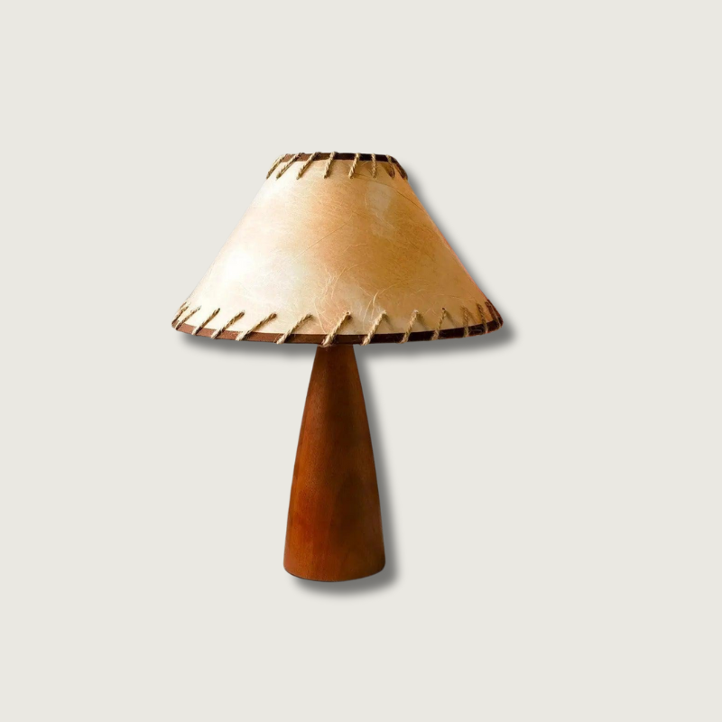 Retro Solid Wood Table Lamp Conical Shade With Stitched Detail - Product showcase