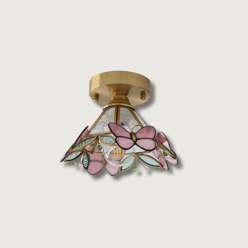 Butterfly Ceiling Light Stained Glass Pink Floral Design - Product showcase