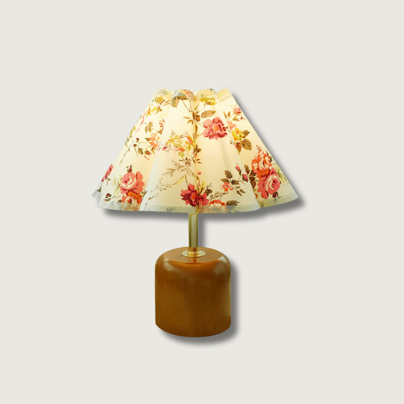 Vintage Table Lamp Floral Fabric Shade With Wooden Base - Product showcase