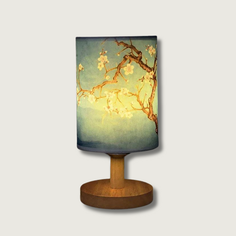 Japanese Cherry Blossom Table Lamp  Natural Wood Base with Fabric Shade - Product showcase