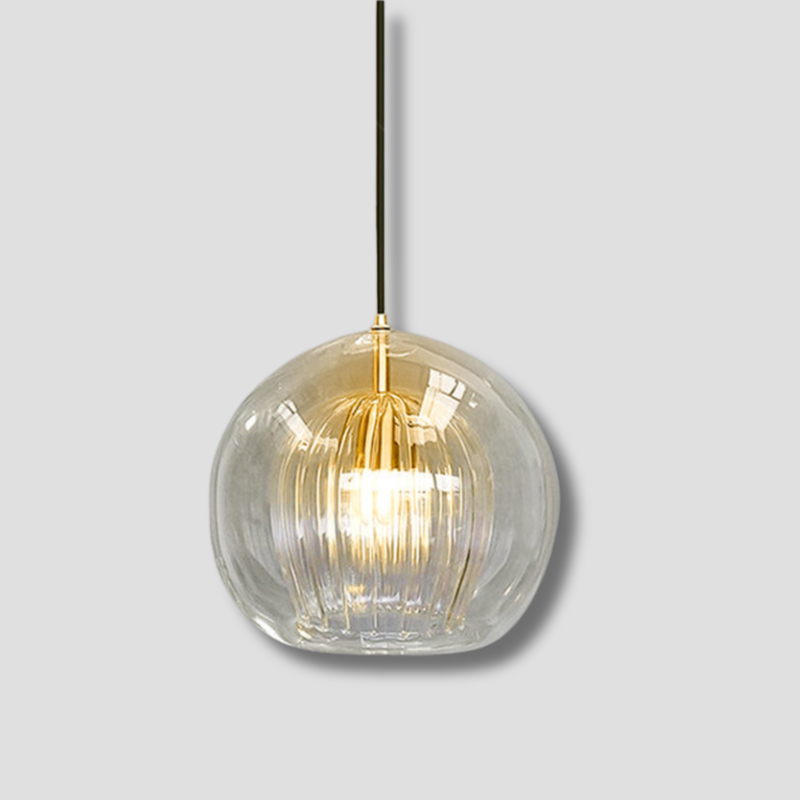 Modern Glass Pendant Light Amber Ribbed Globe Design - Product showcase