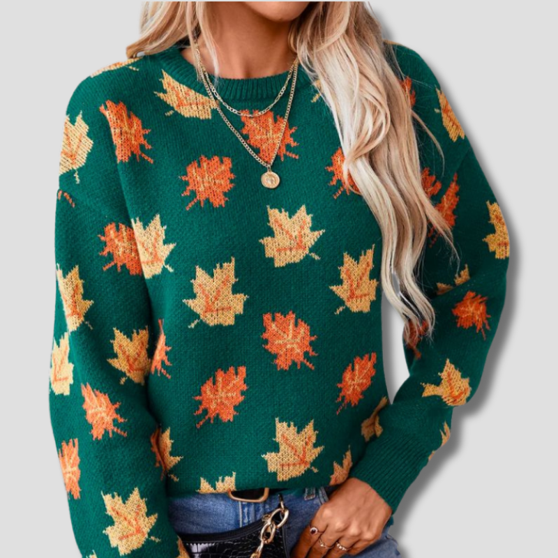 Autumn Knit Sweater Maple Leaf Pattern In Forest Green - Product showcase