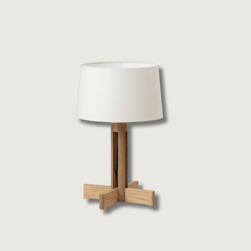 Scandinavian Table Lamp Oak Cross Base With Linen Shade - Product showcase