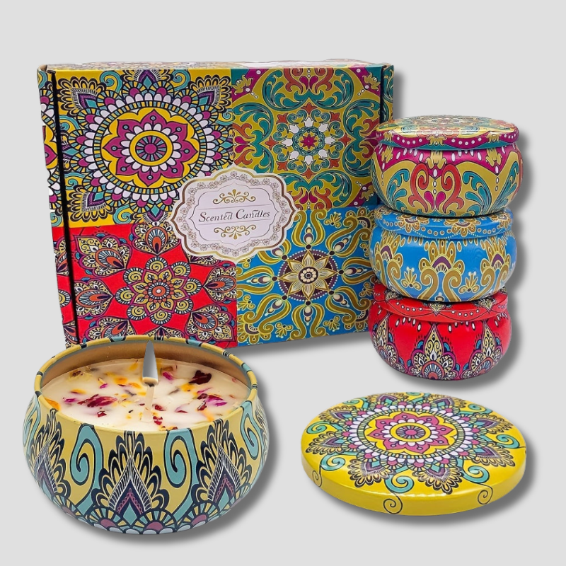 Bohemian Scented Candle Set Mandala Design Tin Collection - Product showcase