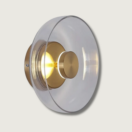 Modern Glass Wall Light  Clear Disc with Brass Accent - Product showcase