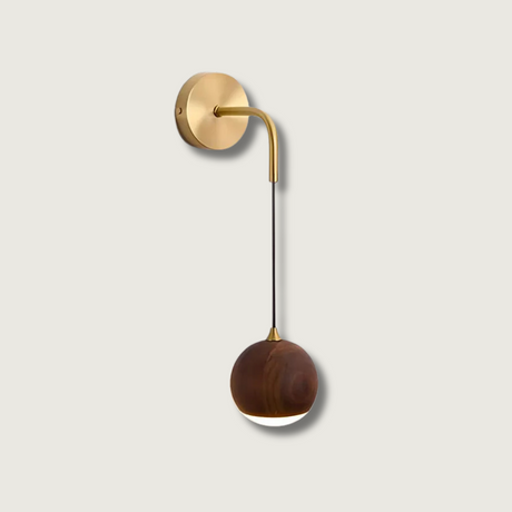 Modern Wall Sconce  Walnut Wood Globe with Brass Stem - Product showcase