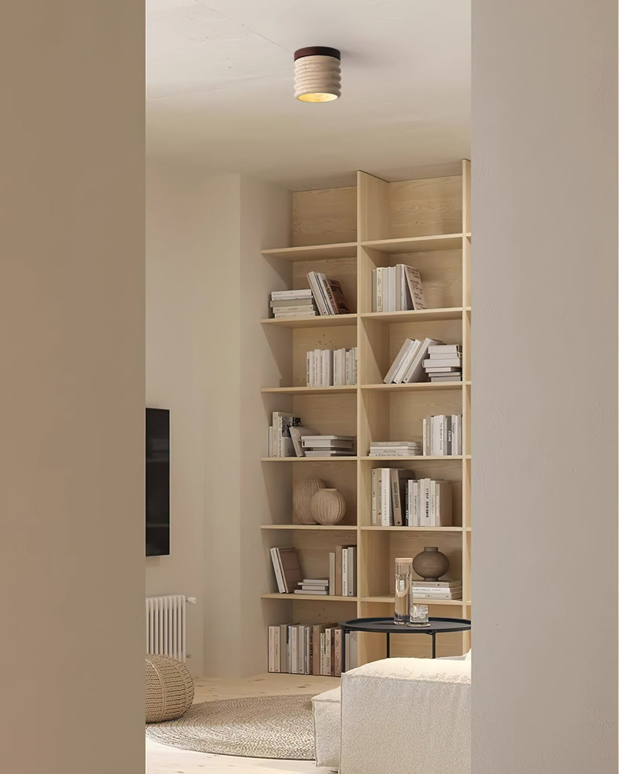 Modern Travertine Ceiling Light Ribbed Stone and Wood Design - Product detail 11