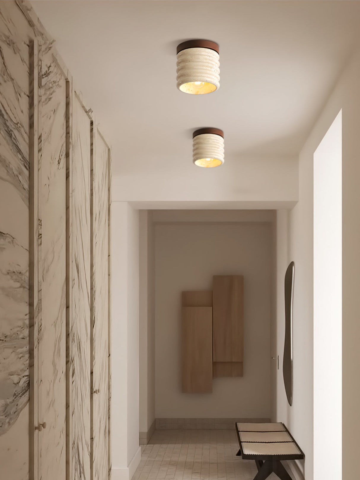 Modern Travertine Ceiling Light Ribbed Stone and Wood Design - Product detail 12