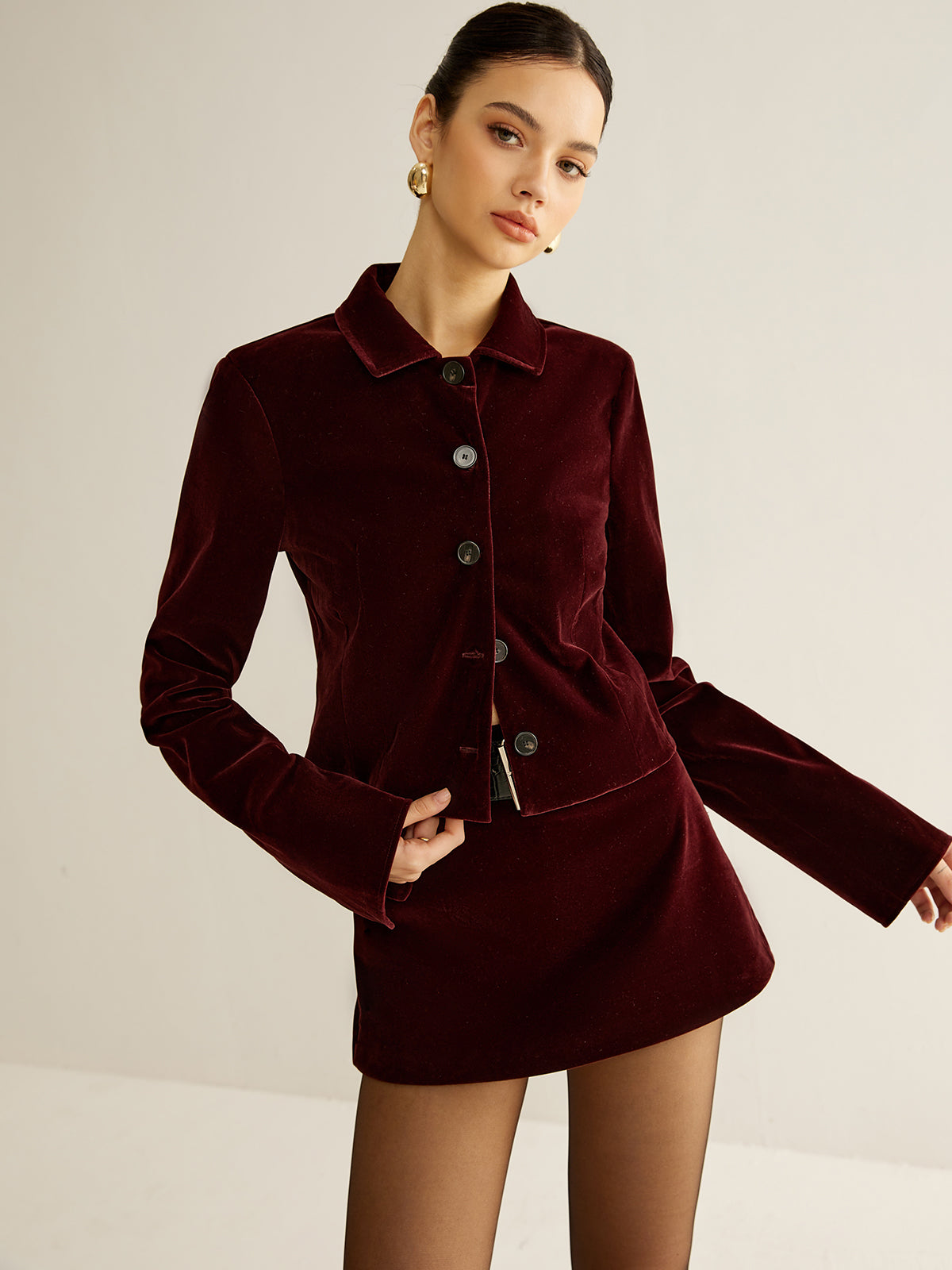 Burgundy Velvet Blazer Short Button-Front Design - Product showcase