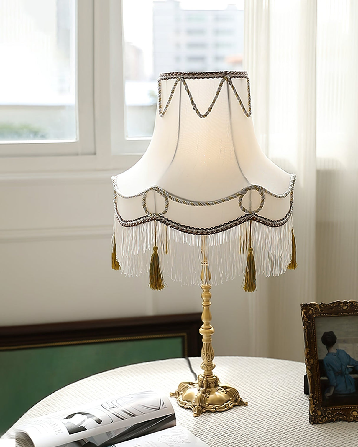 Victorian Table Lamp Brass Base with Fringed Shade - Product detail 7
