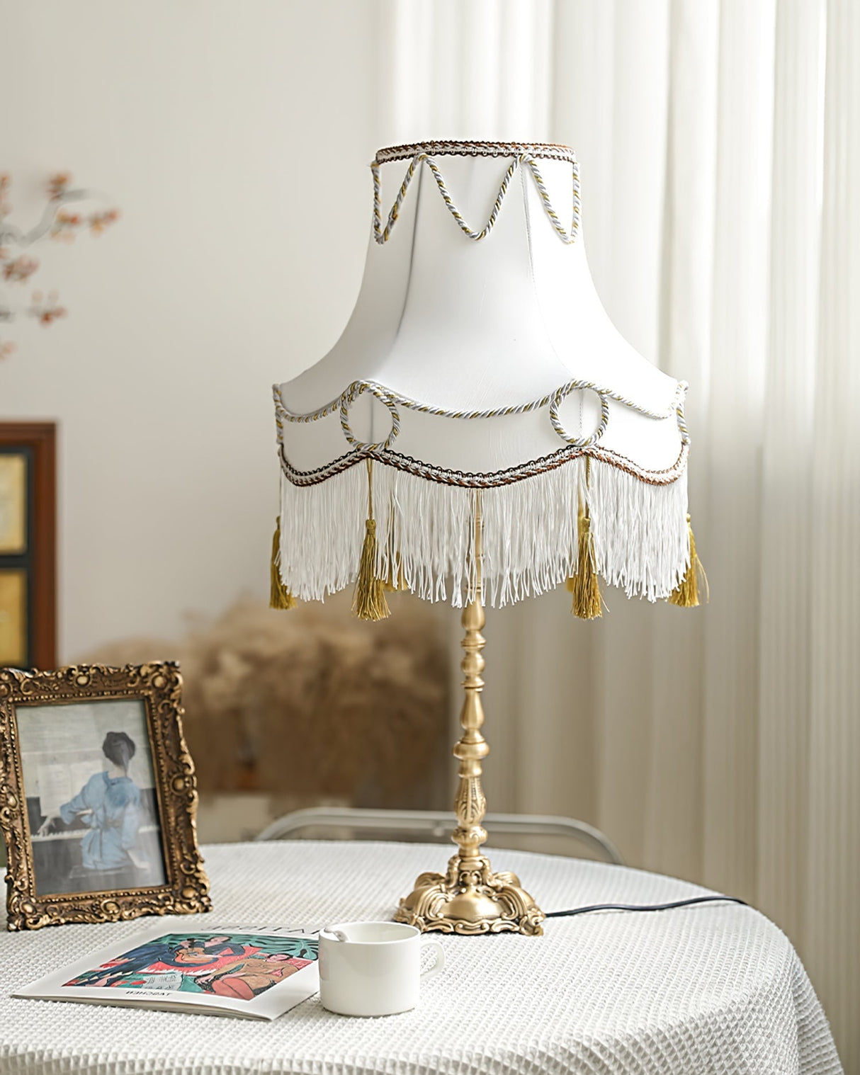 Victorian Table Lamp Brass Base with Fringed Shade - Product detail 11
