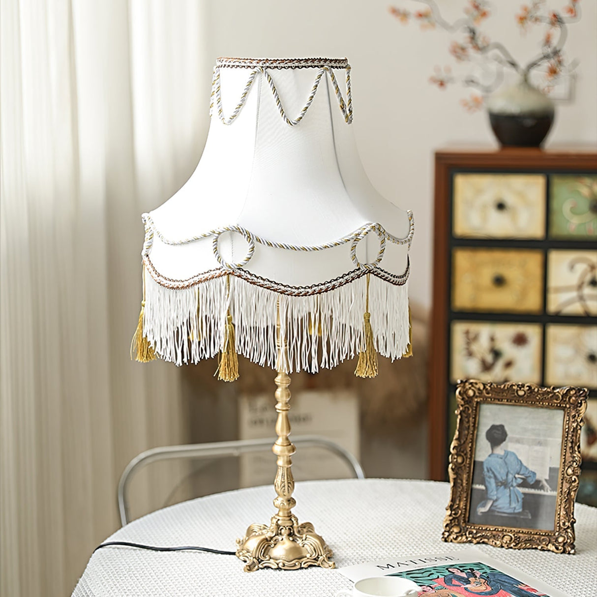 Victorian Table Lamp Brass Base with Fringed Shade - Detailed view