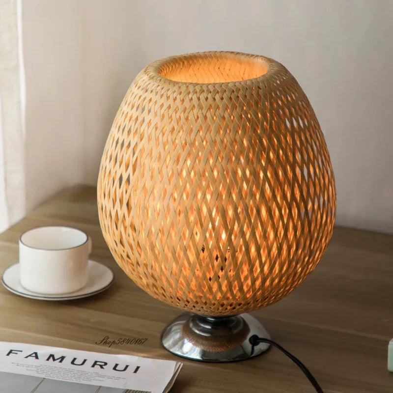 Bamboo Table Lamp Woven Lattice Design - Detailed view