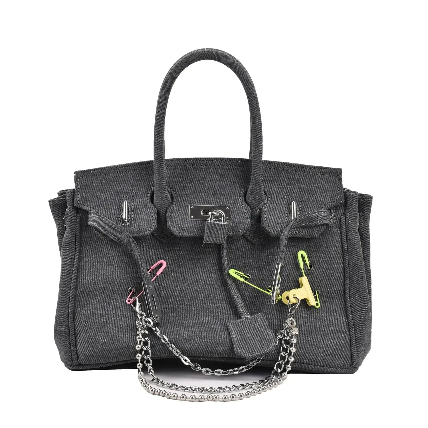 Distressed Denim Shoulder Bag  Vintage Chain Detail Design - Product detail 7
