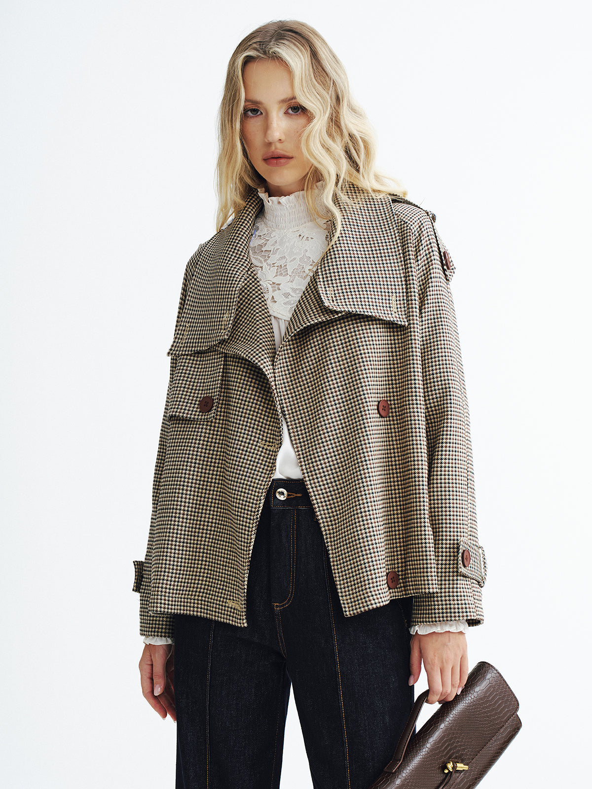 Vintage Plaid Trench Coat Cropped Double-Breasted Design - Product showcase