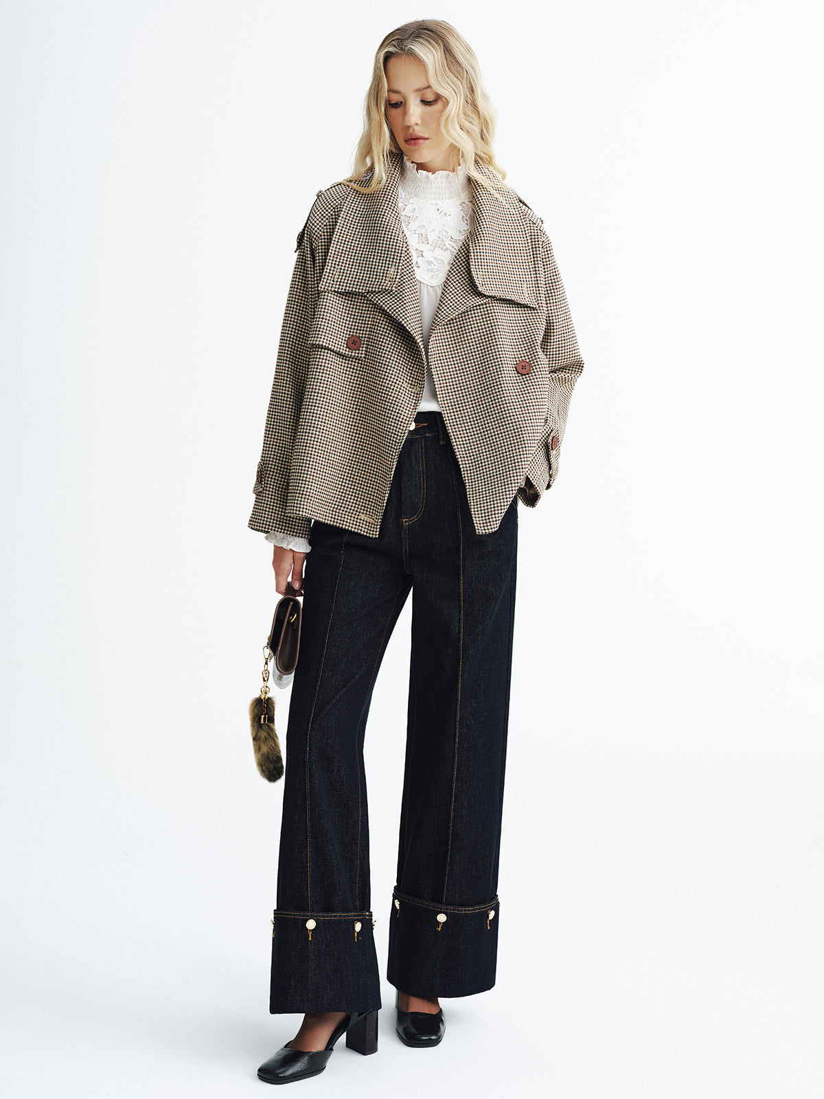 Vintage Plaid Trench Coat Cropped Double-Breasted Design - Product example