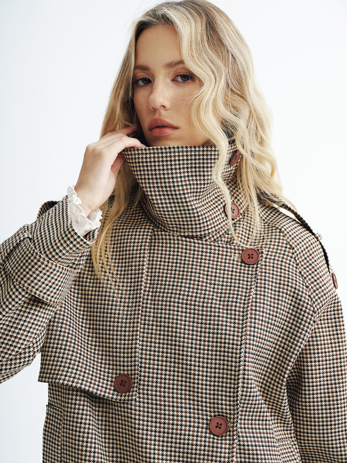 Vintage Plaid Trench Coat Cropped Double-Breasted Design - Product detail 4