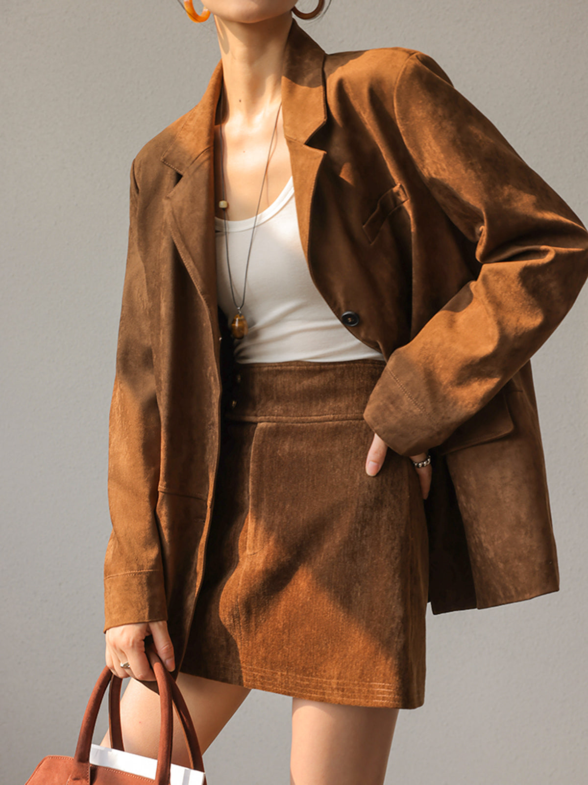 Vintage Suede Blazer Oversized Brown Double-Breasted Design - Product showcase