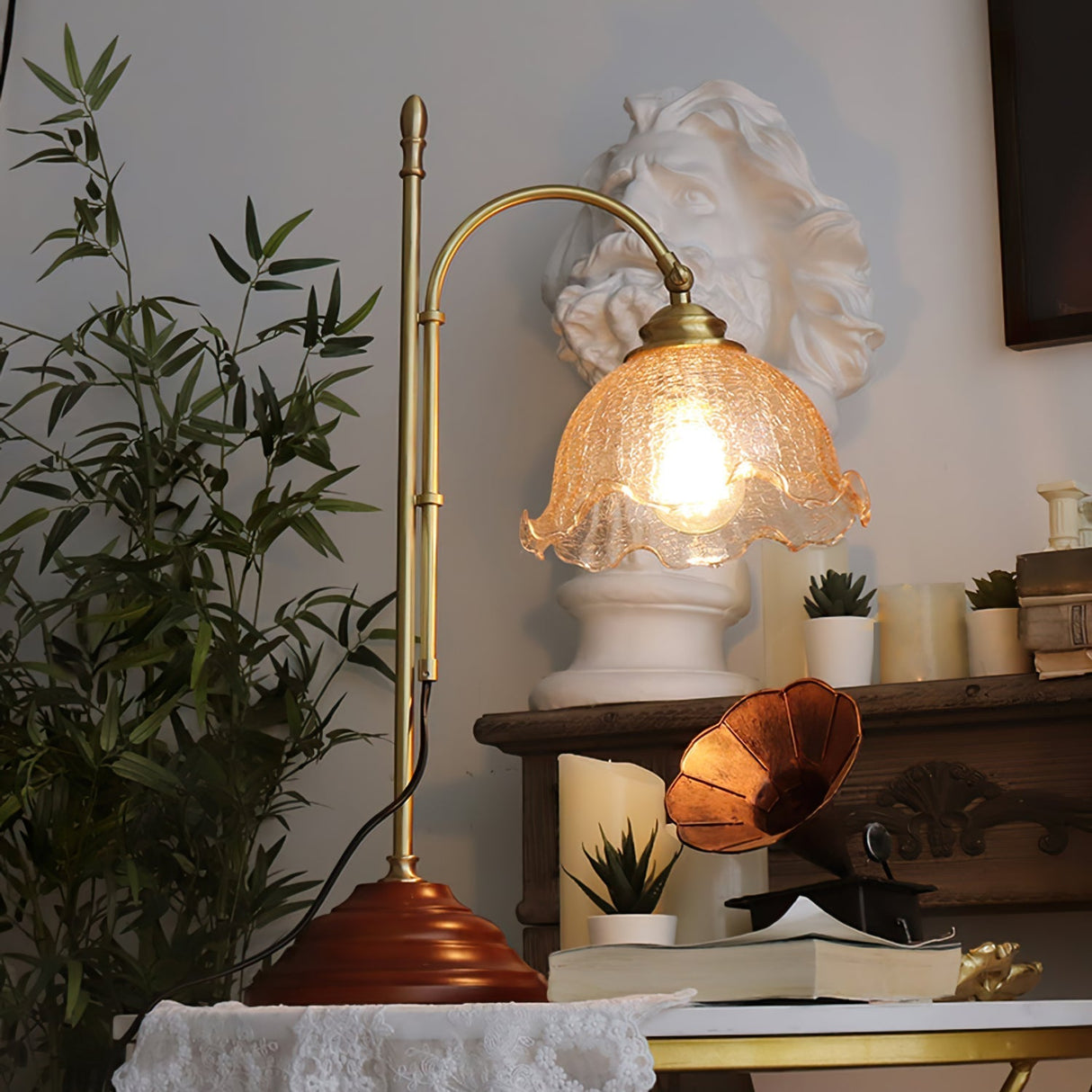 Vintage Table Lamp Brass Arm With Glass Shade - Product detail 7