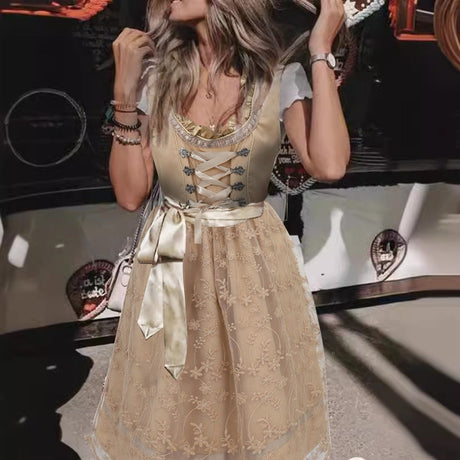 Traditional Dirndl Dress  Vintage Apricot With Lace Apron - Product showcase