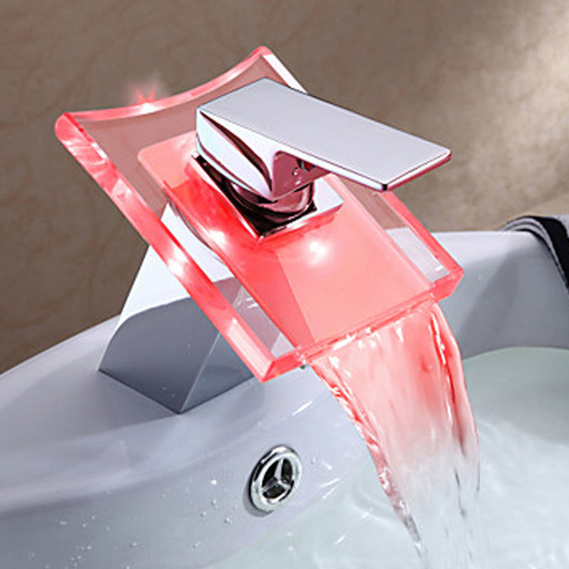 LED Bathroom Faucet Copper Waterfall Basin Mixer with Color Changing Light - Product detail 4