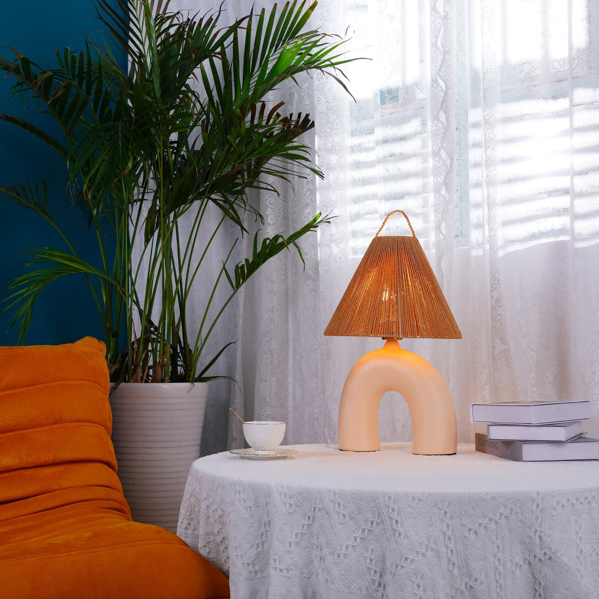 Modern Ceramic Table Lamp Curved Base with Raffia Shade - Product detail 7