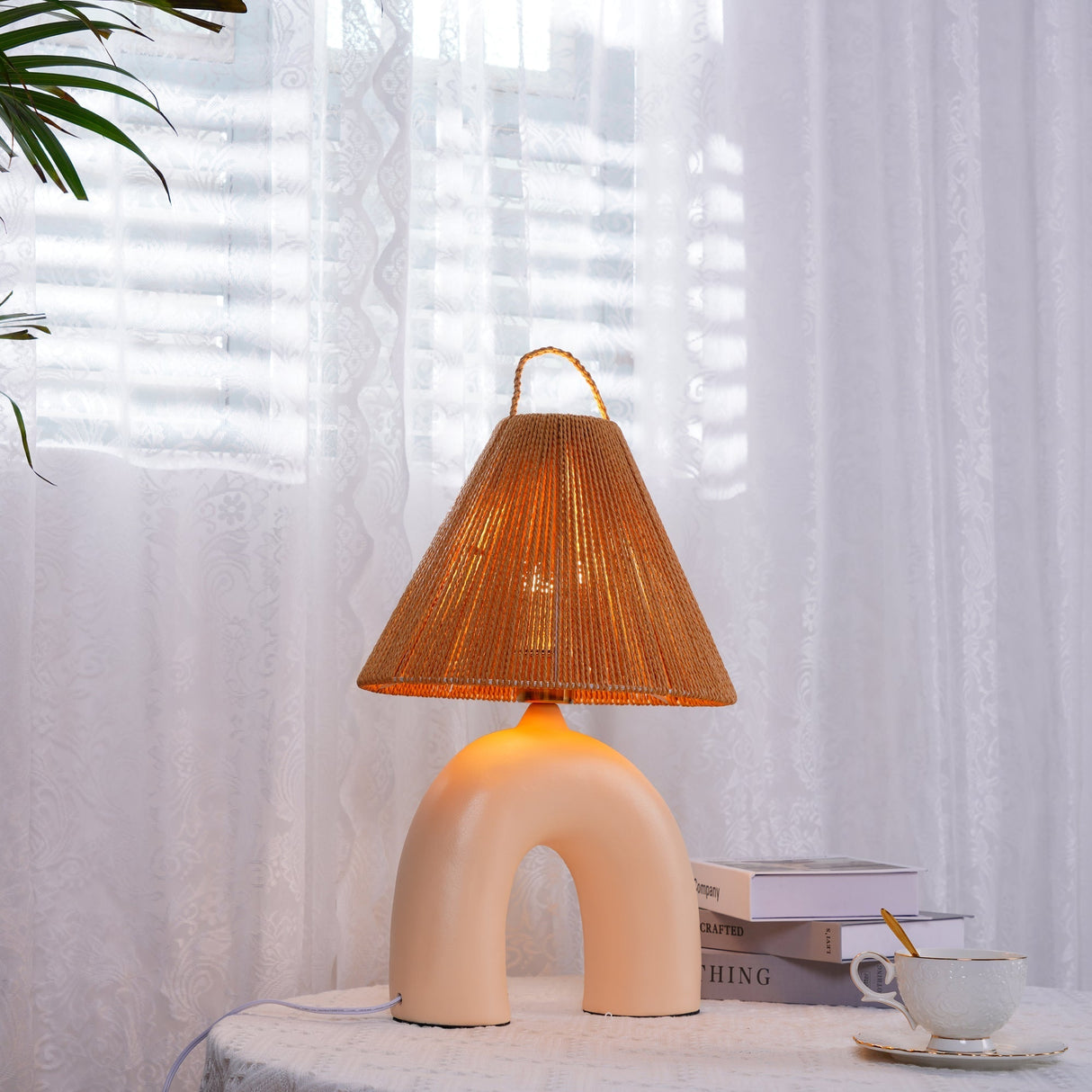 Modern Ceramic Table Lamp Curved Base with Raffia Shade - Product detail 12