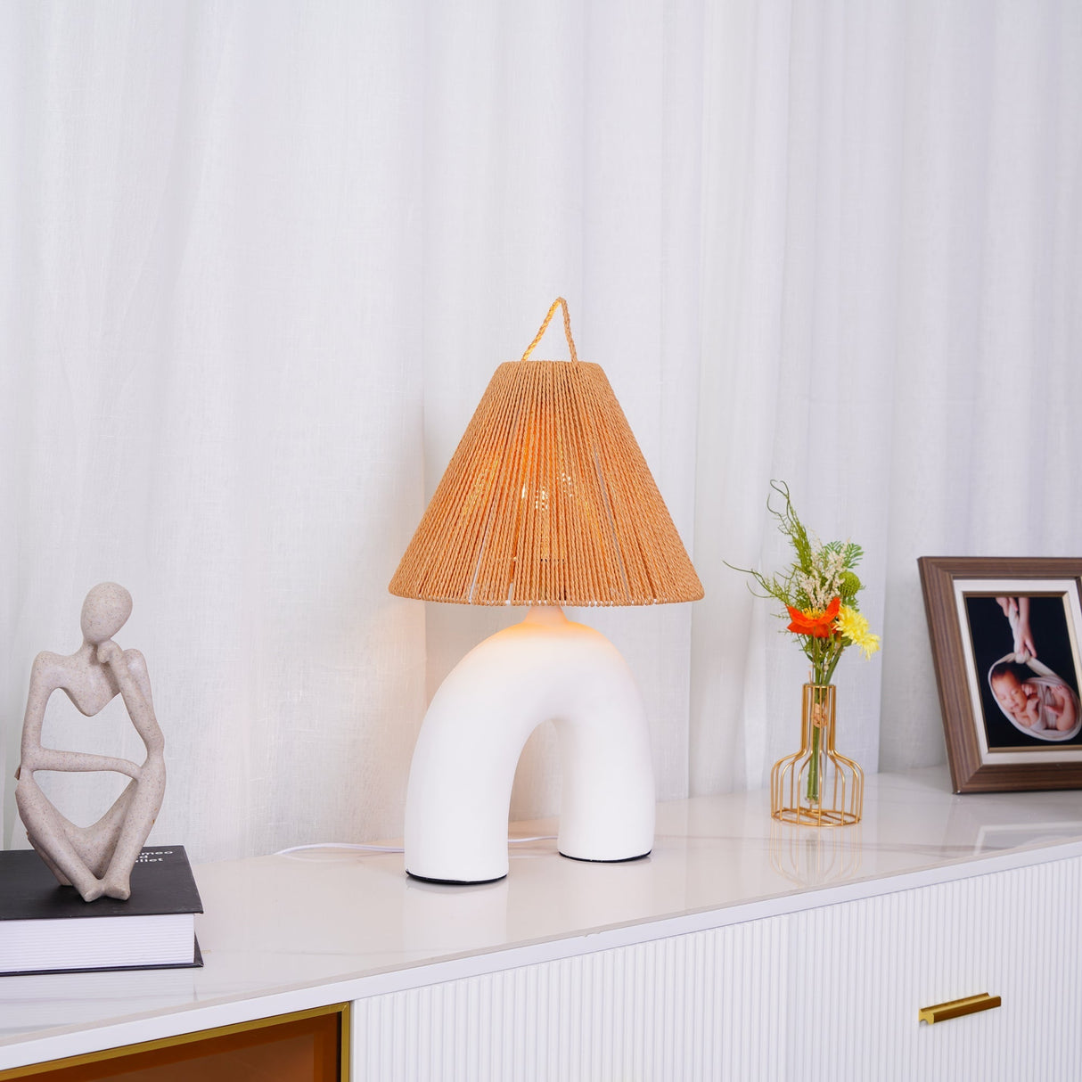 Modern Ceramic Table Lamp Curved Base with Raffia Shade - Product detail 13