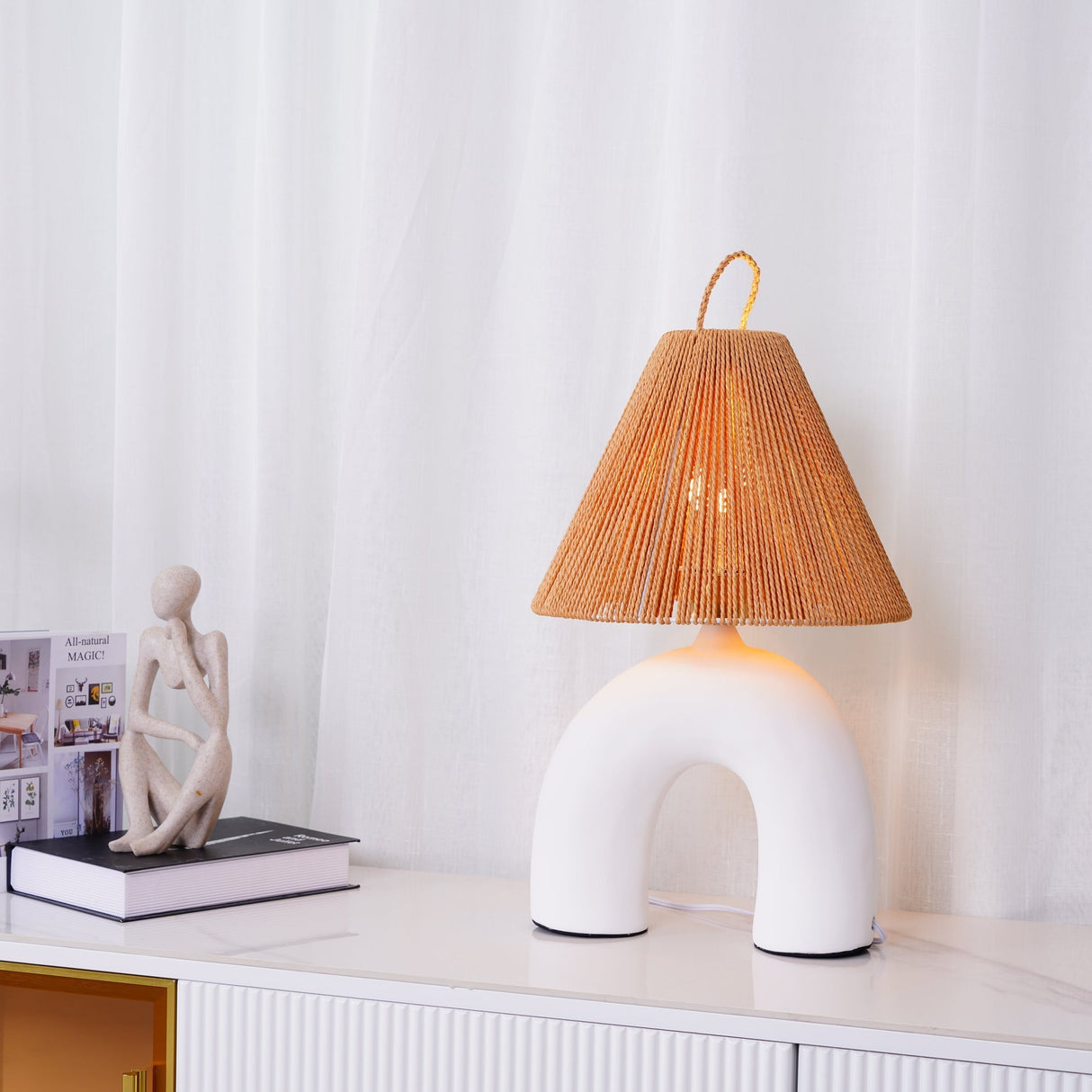 Modern Ceramic Table Lamp Curved Base with Raffia Shade - Product detail 8