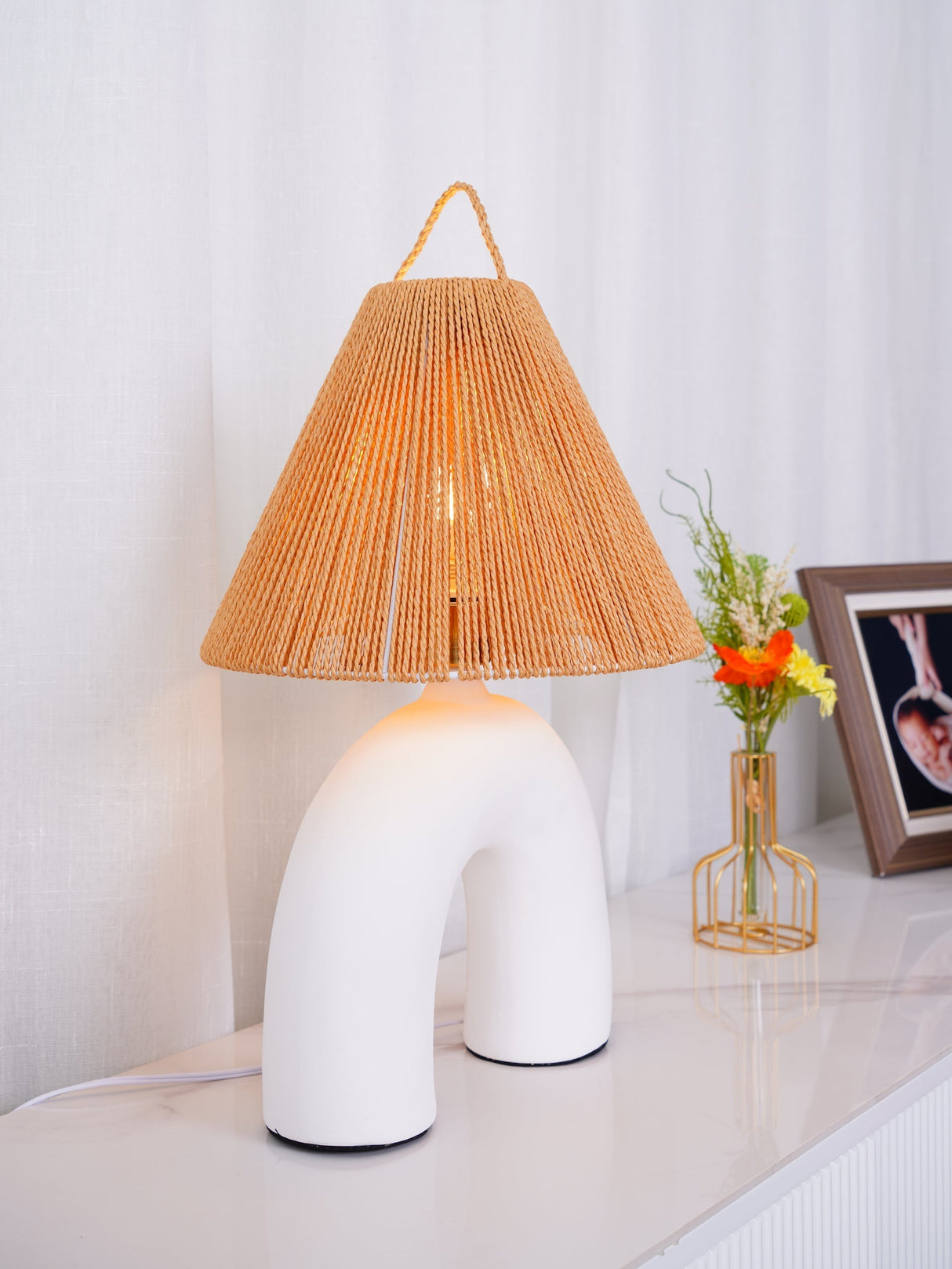 Modern Ceramic Table Lamp Curved Base with Raffia Shade - Product detail 19