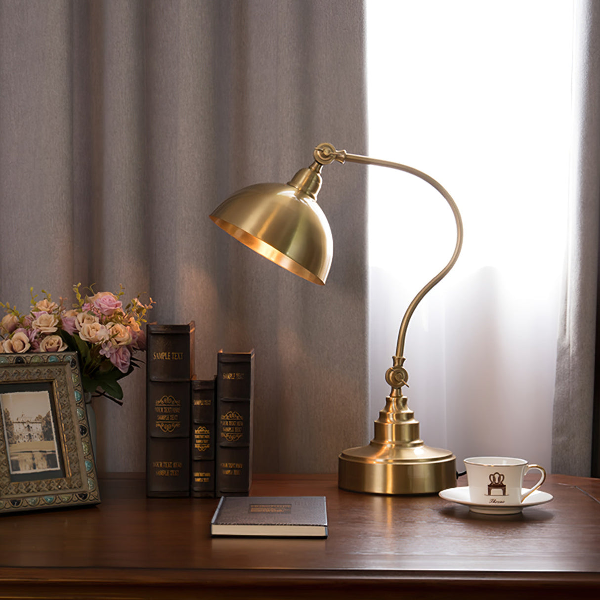 Brass Table Lamp Adjustable Dome Shade Design - Detailed view