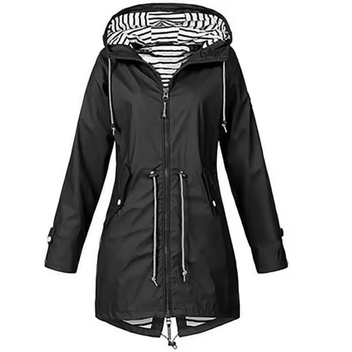 Waterproof Hooded Coat Black Striped Liner Design - Product showcase