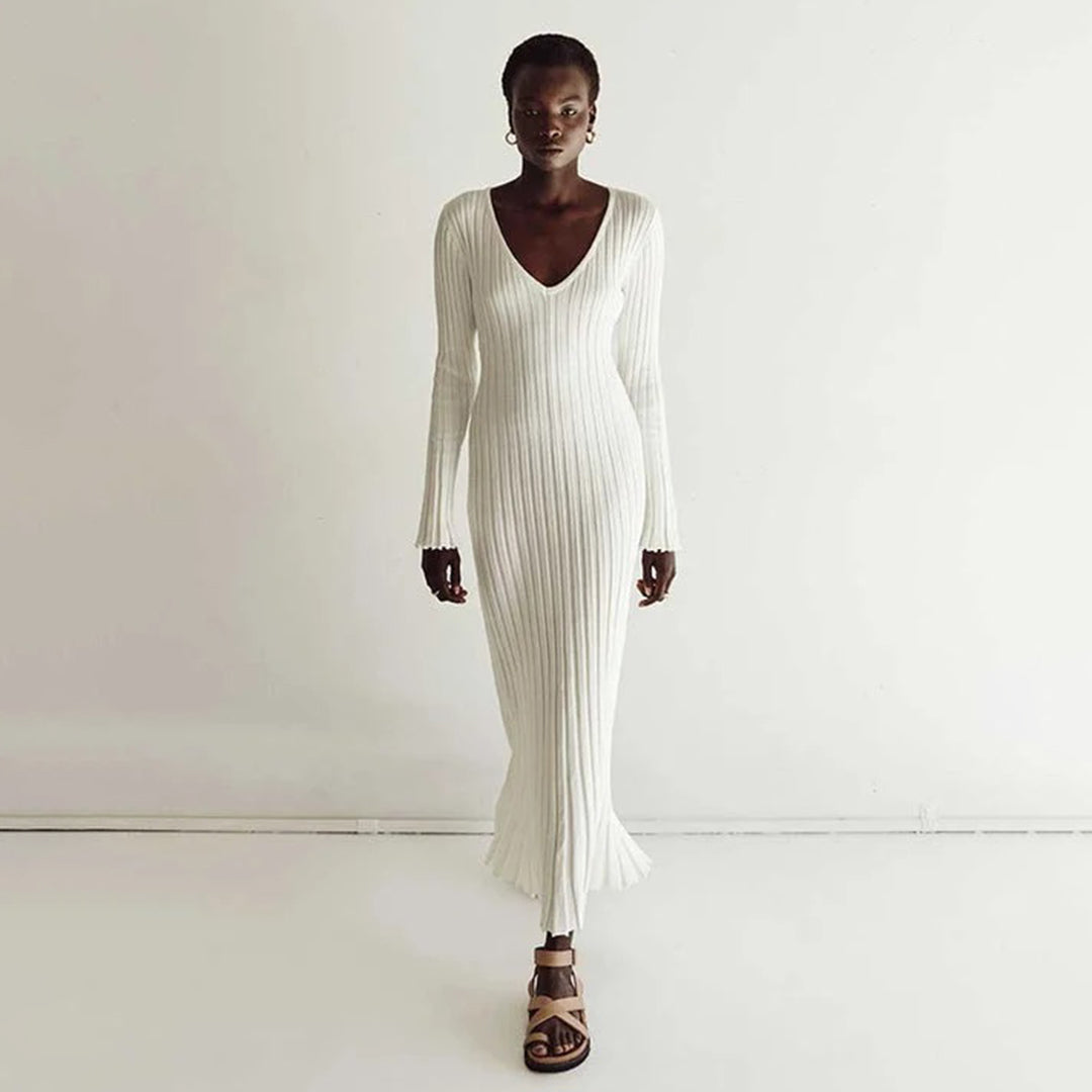 Ribbed Knit Maxi Dress V-Neck Long Sleeve Design - Product detail 6
