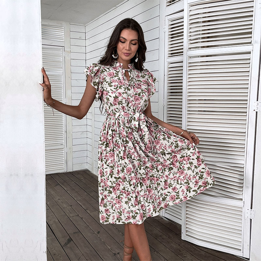 Floral Summer Dress Pink Rose Pattern With Belt - Detailed view