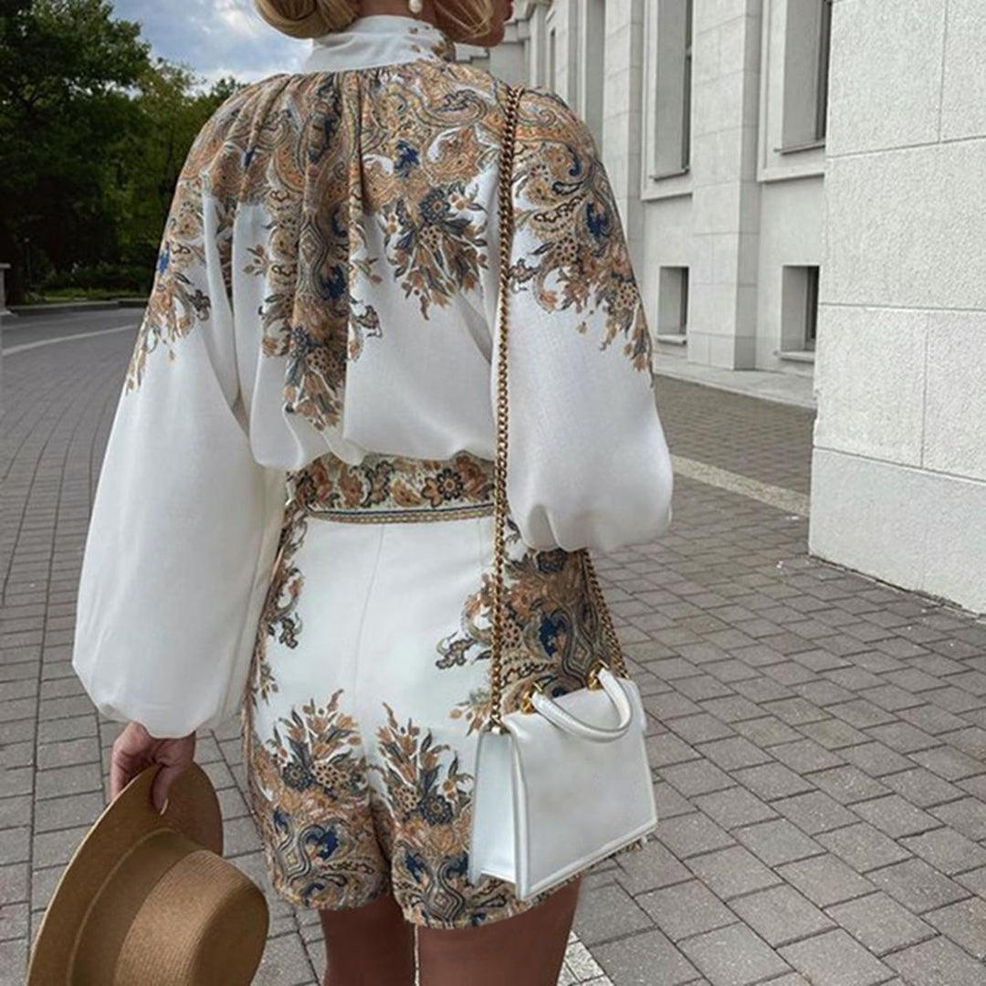 Vintage Floral Romper Paisley Print High Neck Design - Detailed view