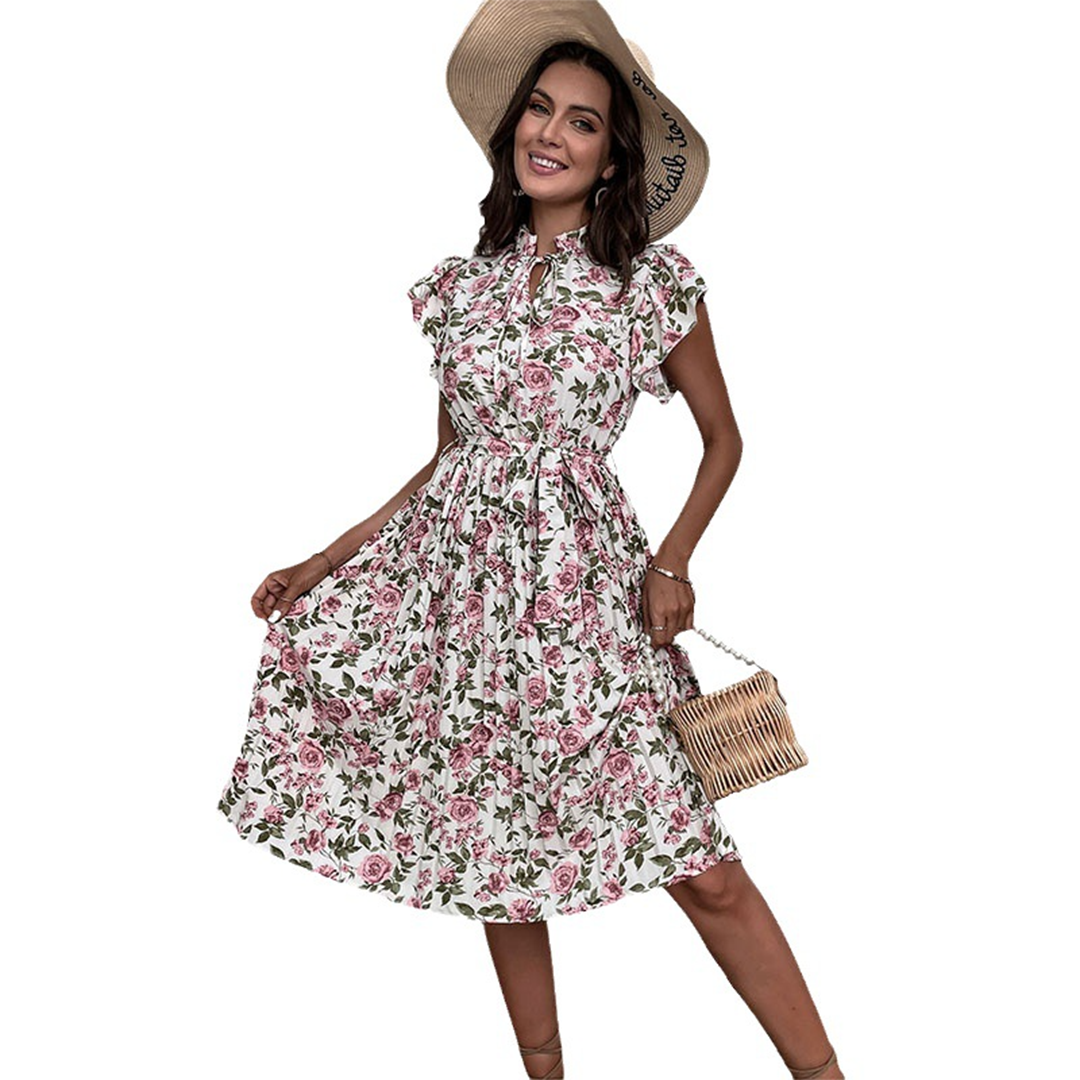 Floral Summer Dress Pink Rose Pattern With Belt - Product detail 4