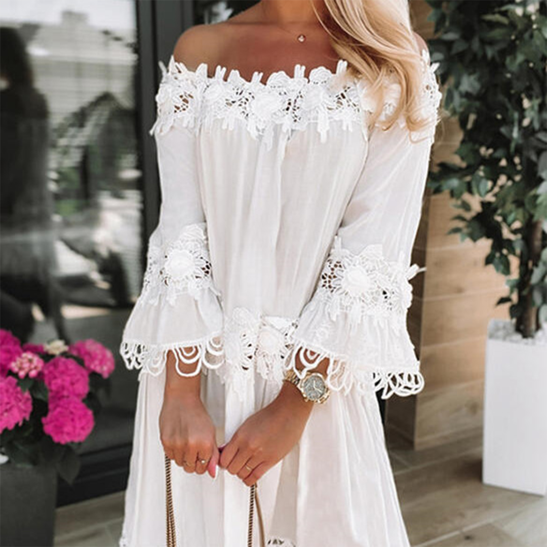 Lace Off Shoulder Summer Dress White Floral Crochet Trim - Detailed view