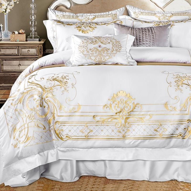 Luxury Bedding Set  White Egyptian Cotton Gold Embroidery - Detailed view