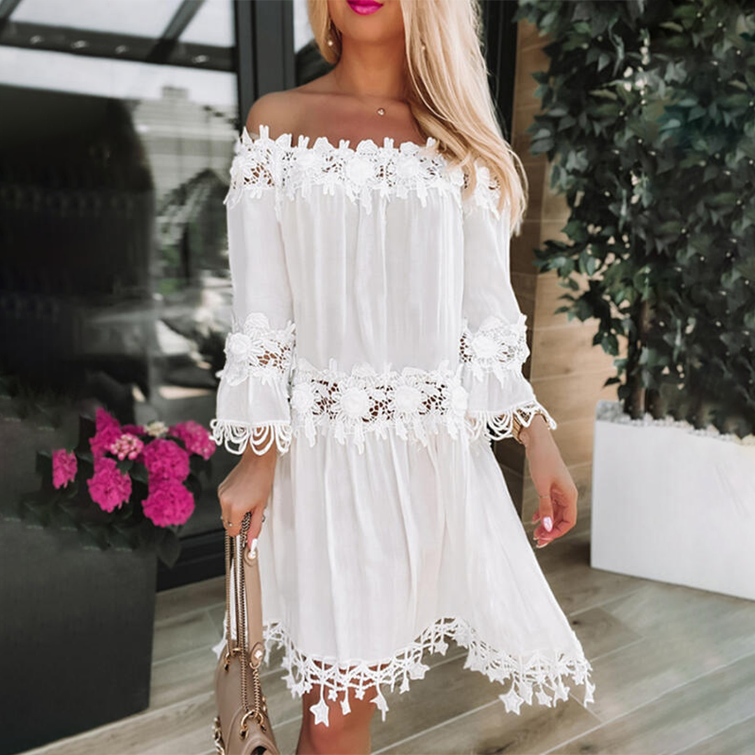 Lace Off Shoulder Summer Dress White Floral Crochet Trim - Product showcase