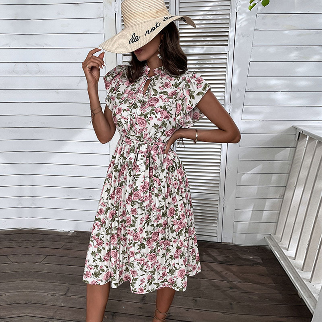 Floral Summer Dress Pink Rose Pattern With Belt - Product showcase