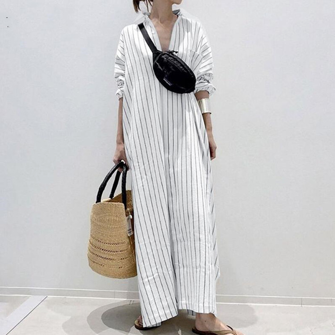 Striped Maxi Dress Relaxed Cotton Blend Long Shirt Style - Product detail 7