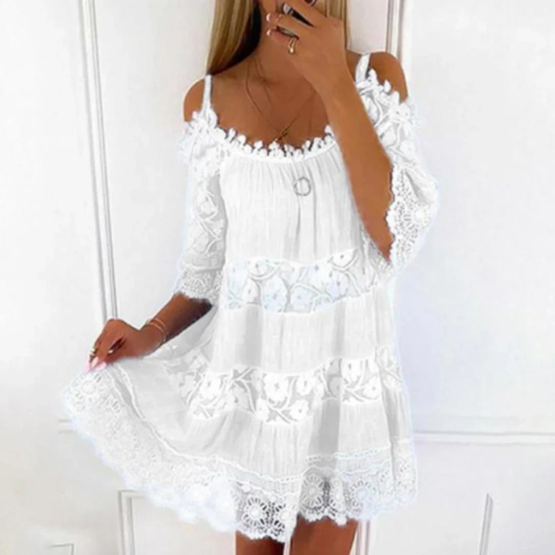Boho Cotton Mini Dress Lace Embroidered Cold Shoulder Design - Detailed view
