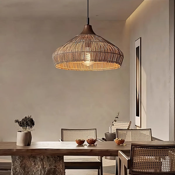 Woven Rattan Pendant Light  Natural Dome Shade Design - Detailed view
