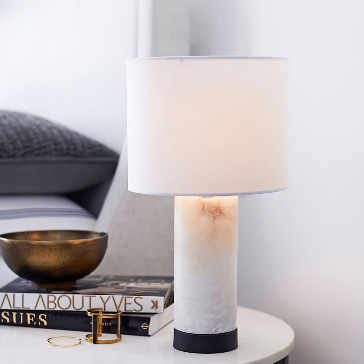 Alabaster Table Lamp White Marble Base with Linen Shade - Detailed view