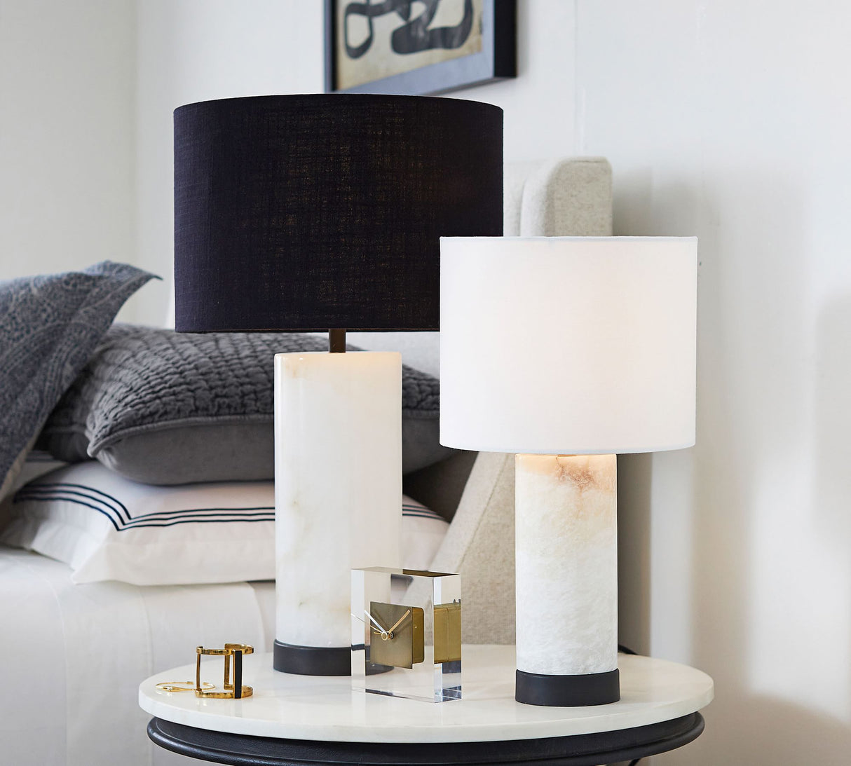 Alabaster Table Lamp White Marble Base with Linen Shade - Product detail 6