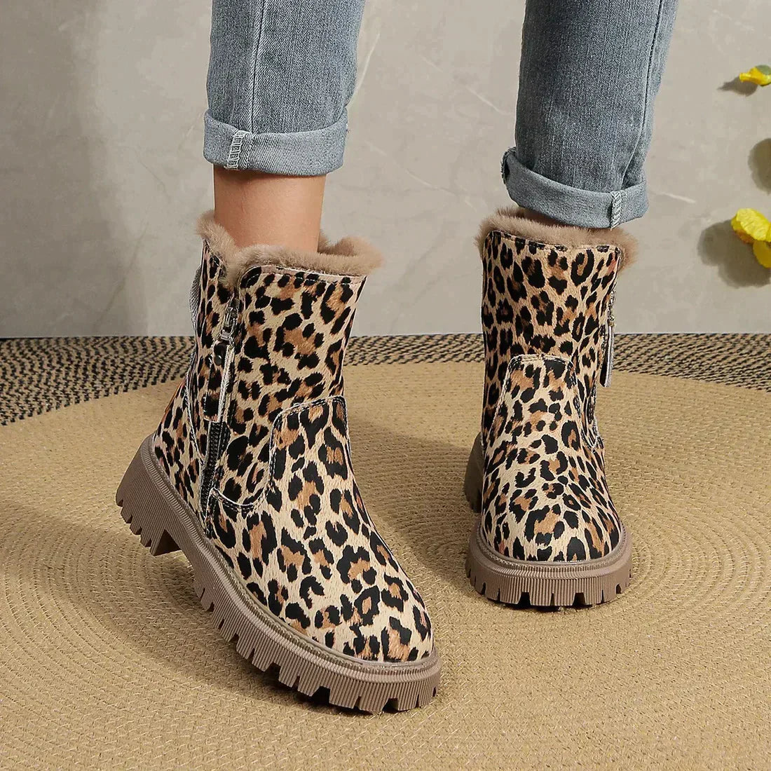 Leopard Print Winter Boots Fur-Lined Platform Ankle Boots - Product showcase